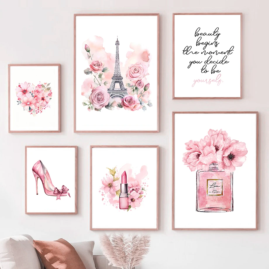 Home Fragrance Bottle - ปารีสแฟชั่นโปสเตอร์ศิลปะสีชมพู EIFFEL Tower ขวดน้ําหอม Wall Art